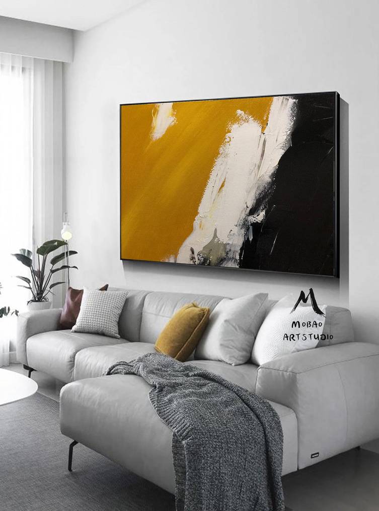 Living Black Contemporary Yellow Abstract Canvas Artwork O67H1 wall art